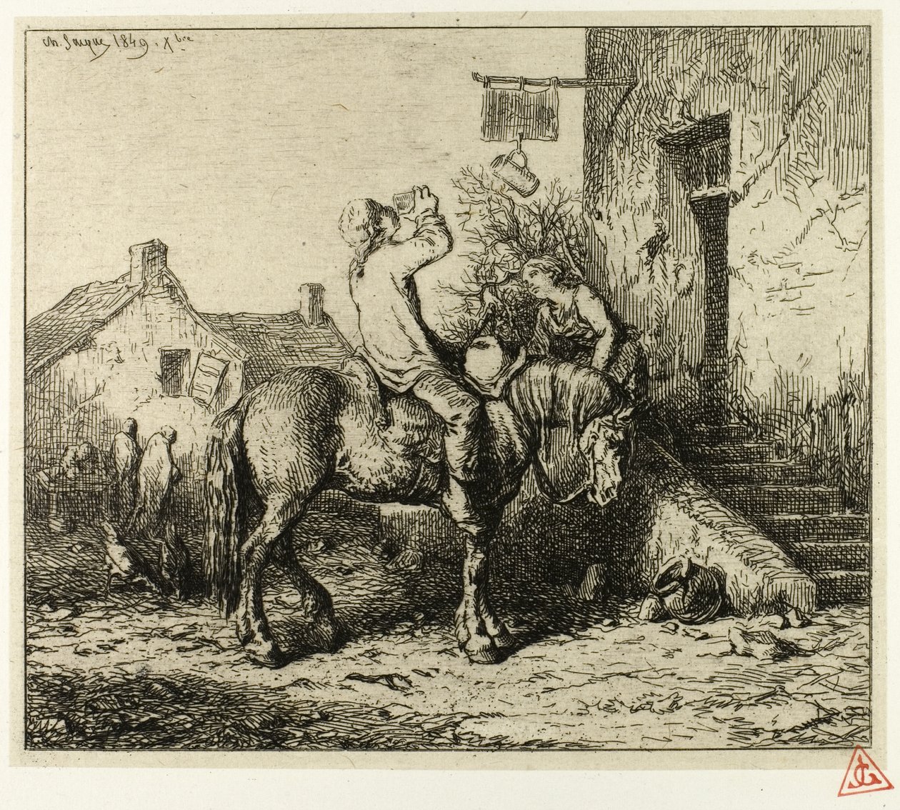 Entrada a una posada, con campesino bebiendo de Charles Emile Jacque