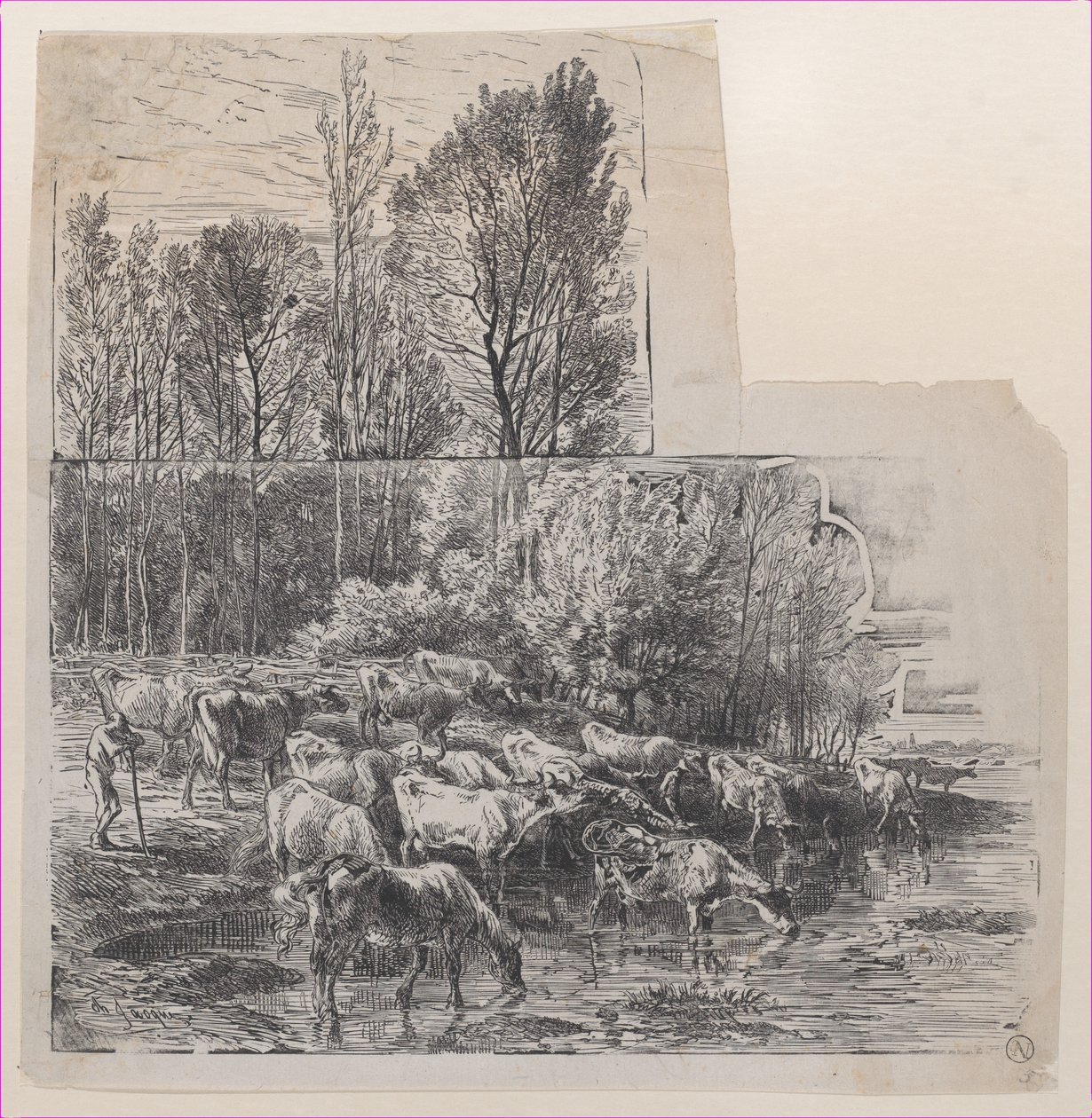 Pastor y ganado en el vado de Charles Emile Jacque