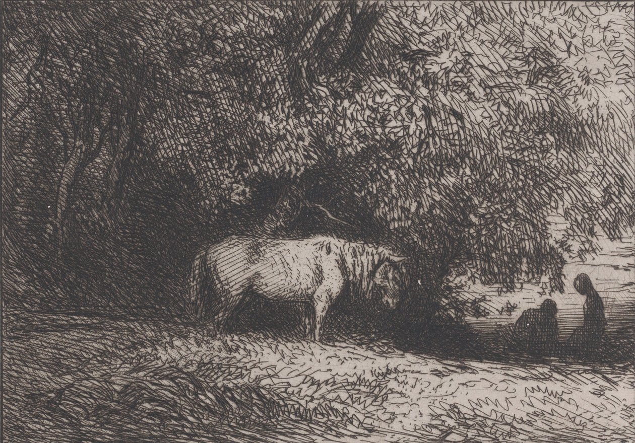 Caballo bajo una rama de árbol, 1846 de Charles Emile Jacque