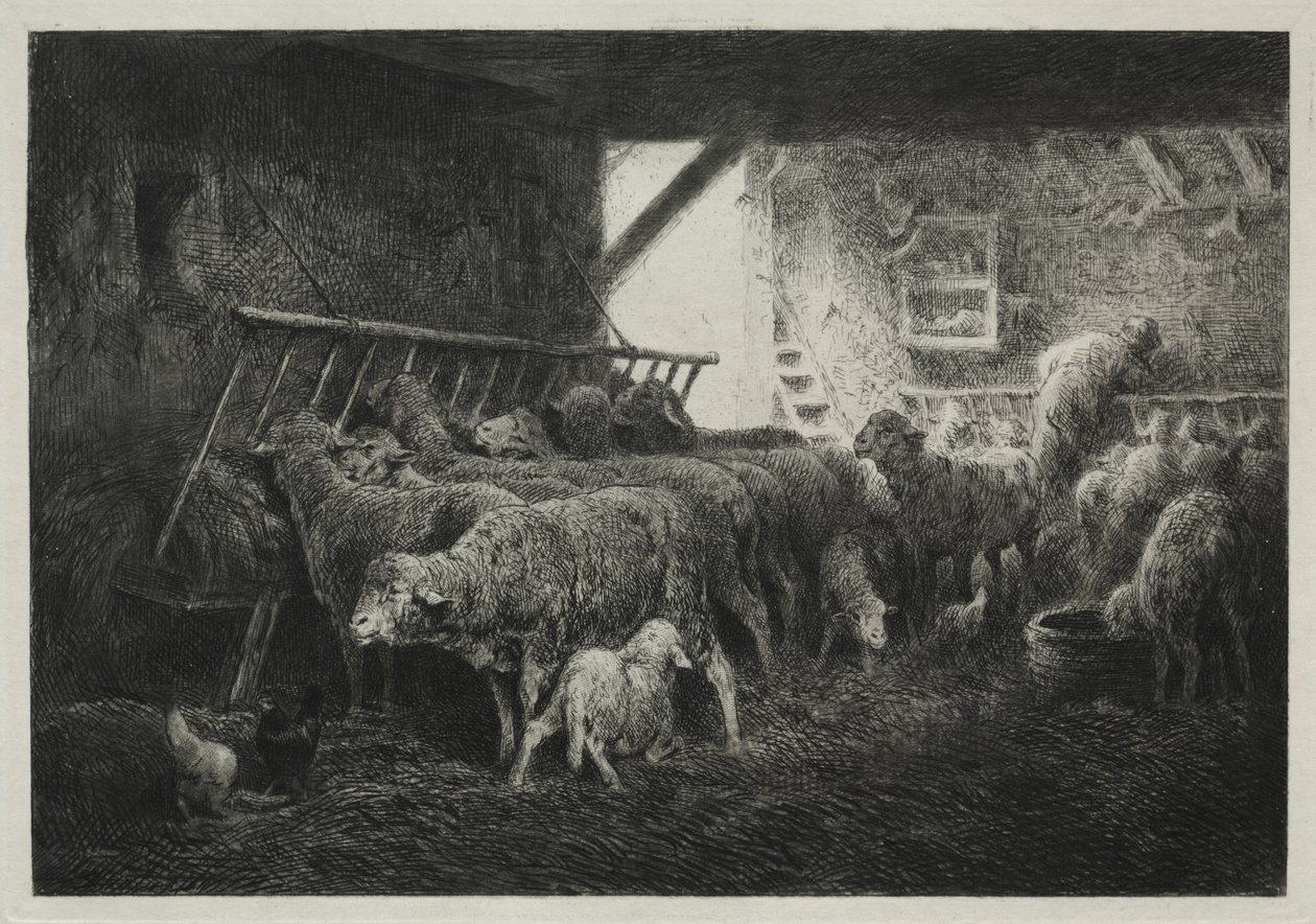 Interior de un corral de ovejas de Charles Emile Jacque