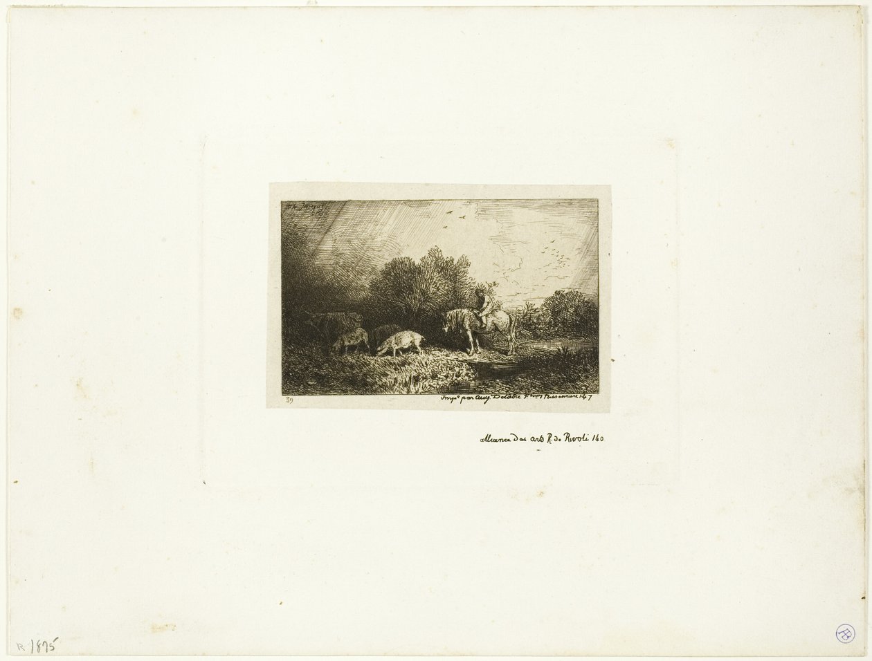 Paisaje con hombre a caballo, cerdos y vaca de Charles Emile Jacque