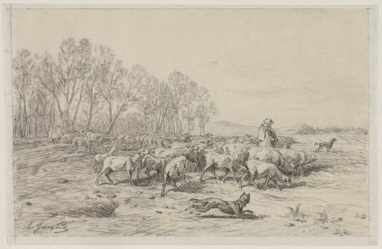 Paisaje con un rebaño de ovejas, 1800s de Charles Emile Jacque