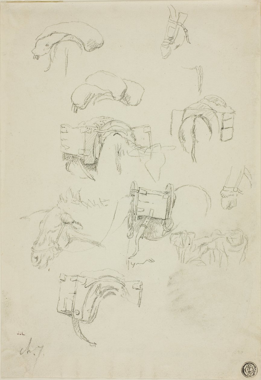 Hoja de bocetos: Detalles de un burro y pertrechos de Charles Emile Jacque