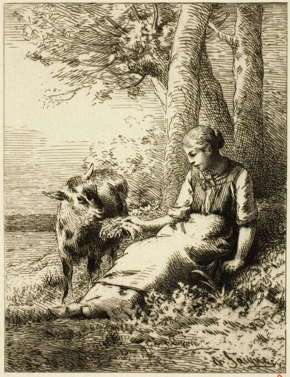 Pastor con rebaño de ovejas al borde del bosque de Charles Emile Jacque