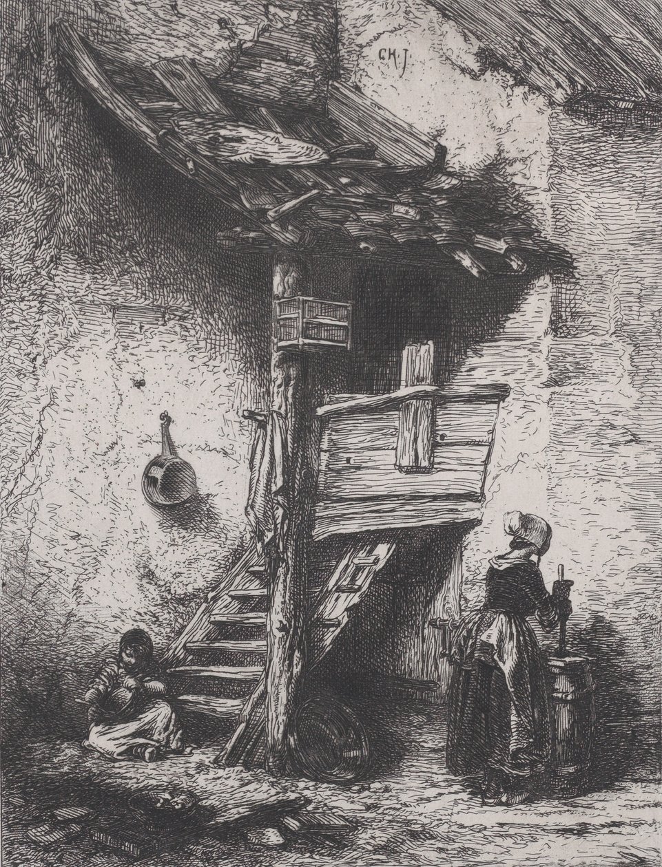 Escaleras y mujer batiendo, 1845 de Charles Emile Jacque