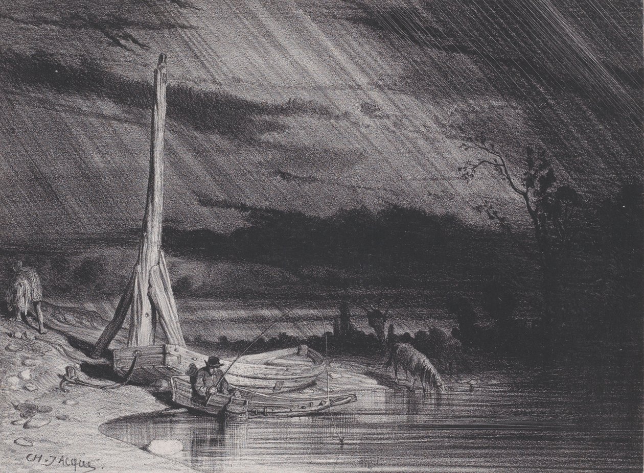 El pescador, tiempo lluvioso, ca. 1853 de Charles Emile Jacque