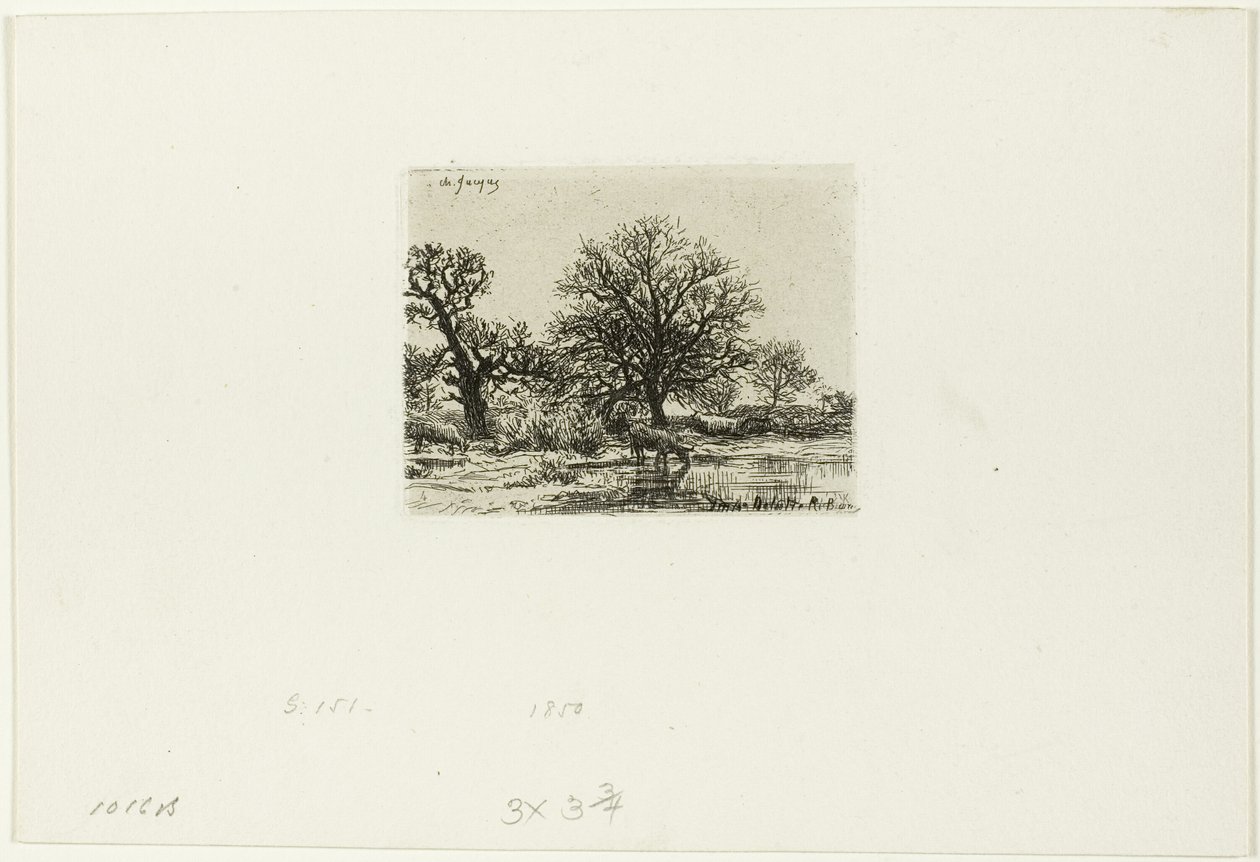 Árboles y vacas cerca de un estanque de Charles Emile Jacque