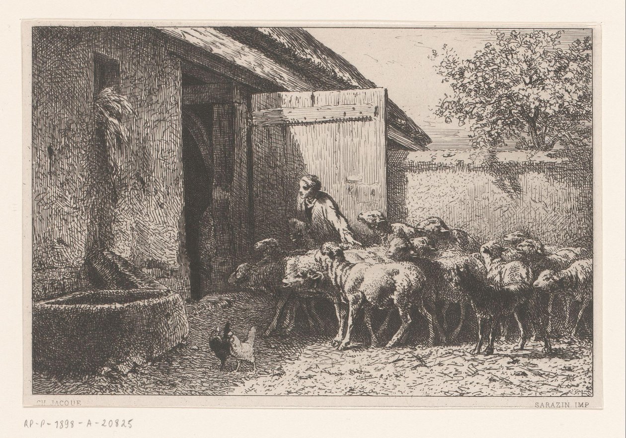 Mujer conduciendo ovejas al establo Bergerie de Charles Emile Jacque