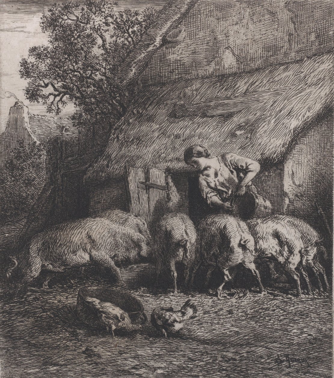 Mujer alimentando cerdos, 1850 de Charles Emile Jacque