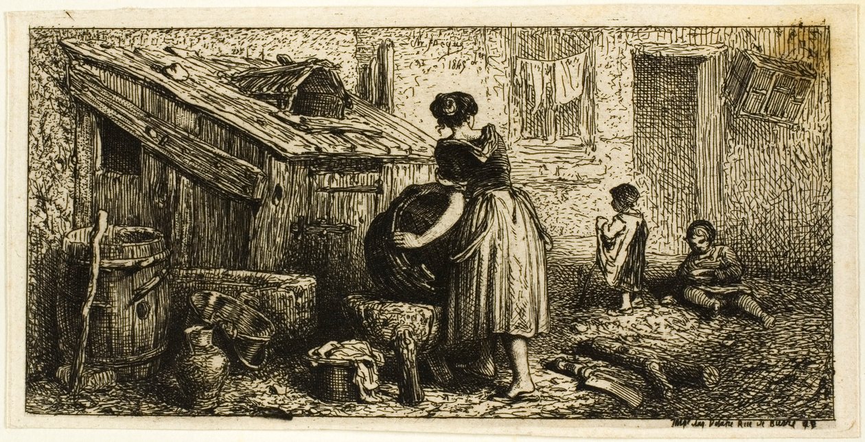 Mujer lavando ollas, con niños de Charles Emile Jacque