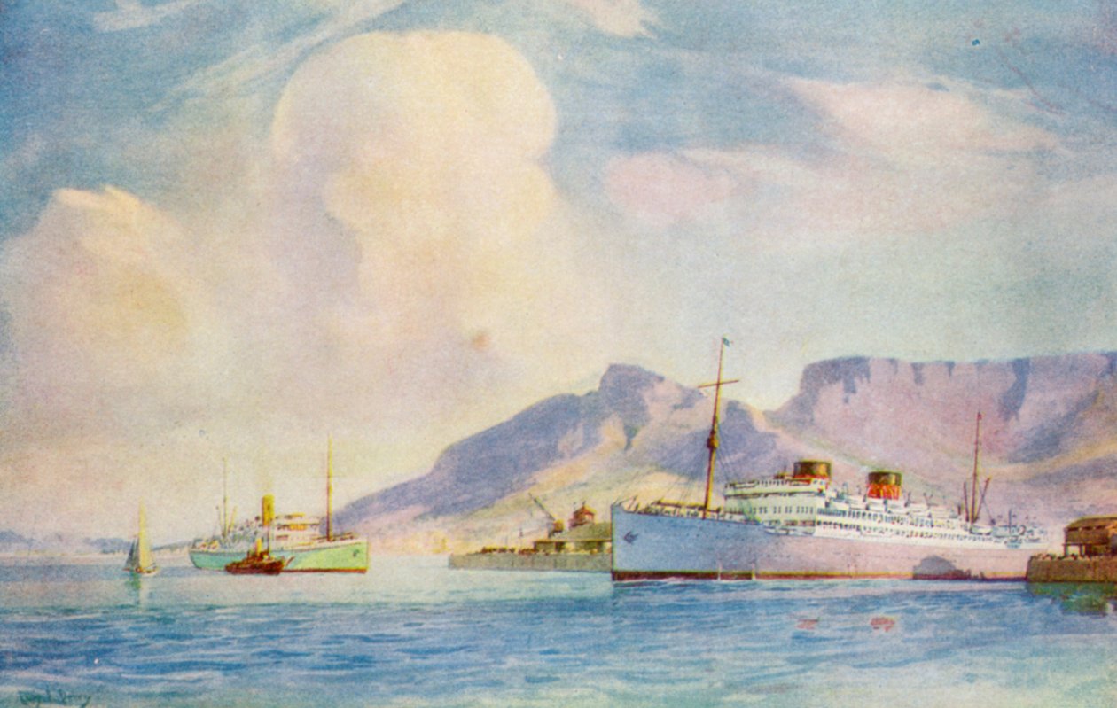 Un barco correo sale de los muelles de Ciudad del Cabo (litografía en color) de Charles Ernest Peers