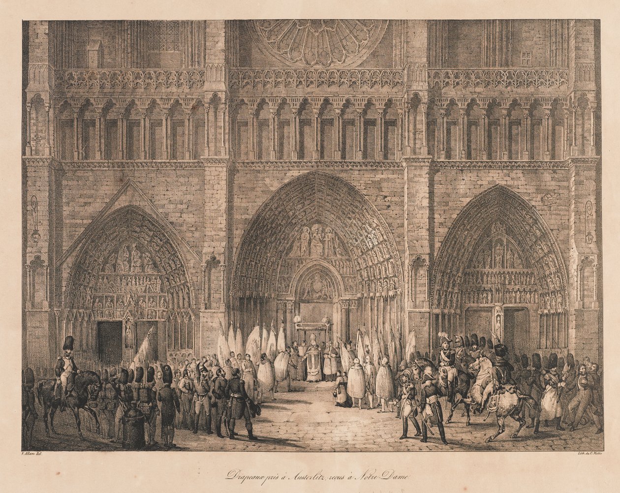 Banderas Tomadas en Austerlitz Recibidas en Notre Dame, principios del siglo XIX de Charles Etienne Pierre Motte