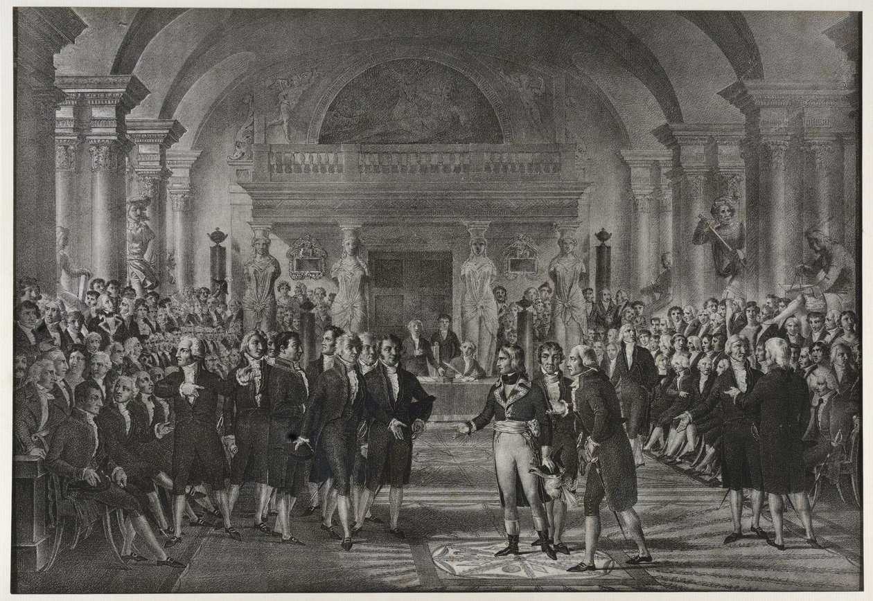 Recepción de Napoleón Bonaparte en el Instituto, clase de física y matemáticas, sección de artes mecánicas el 25 de diciembre de Charles Etienne Pierre Motte