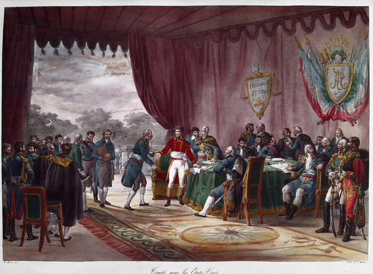 La firma del Tratado de Mortefontaine, 30 de septiembre de 1800 - entre Joseph Bonaparte (1768-1844) y los Estados Unidos; la venta de Luisiana a América - Firma del Tratado de Mortefontaine el 30/09/1800 durante el cual Francia (representada por Joseph B de Charles Etienne Pierre Motte