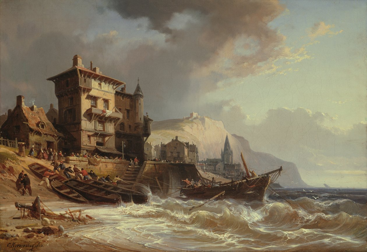 Arrastrando los barcos a la costa de Bretaña de Charles Euphrasie Kuwasseg