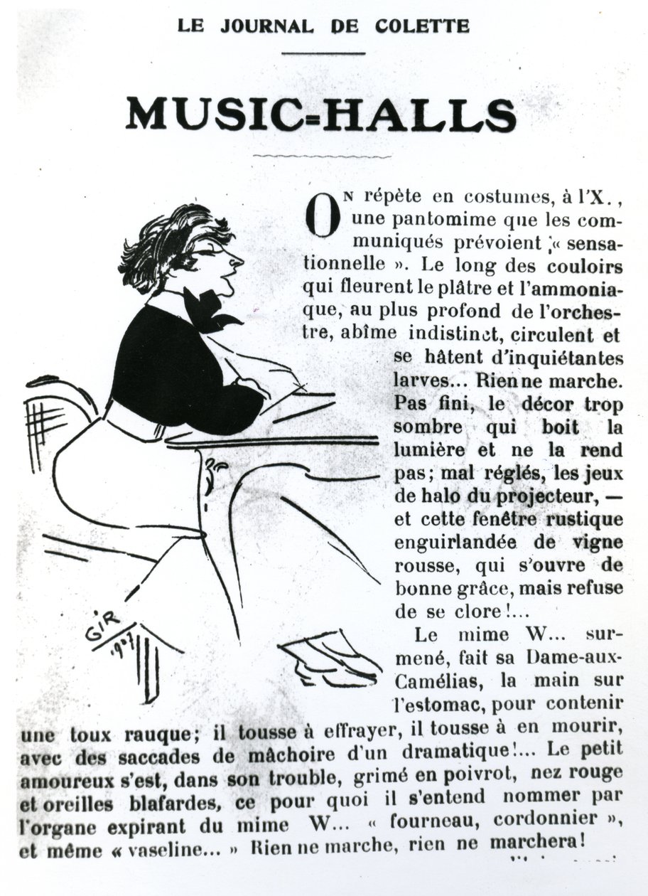 Caricatura de Colette de su ensayo sobre Music-Halls en Vrilles de la Vigne, publicado en La Vie Parisienne, París, 1908 de Charles Felix Gir