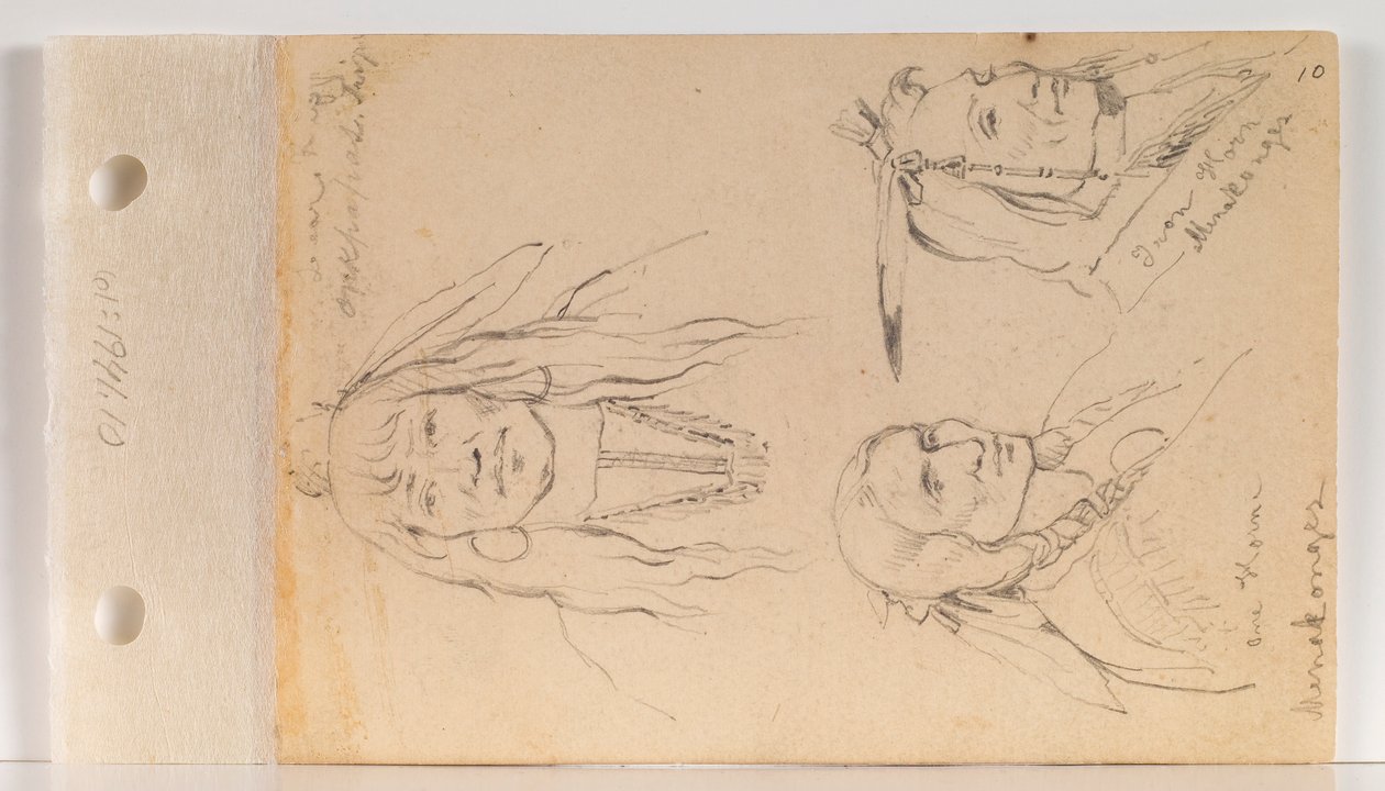 Retratos de Mato Chuthuhu (Costilla de oso), Ha won je tah (Cuerno único/Cuerno solitario) y Heh Mah Zah (Cuerno de hierro) (anverso de la hoja 10) de Charles Ferdinand Wimar