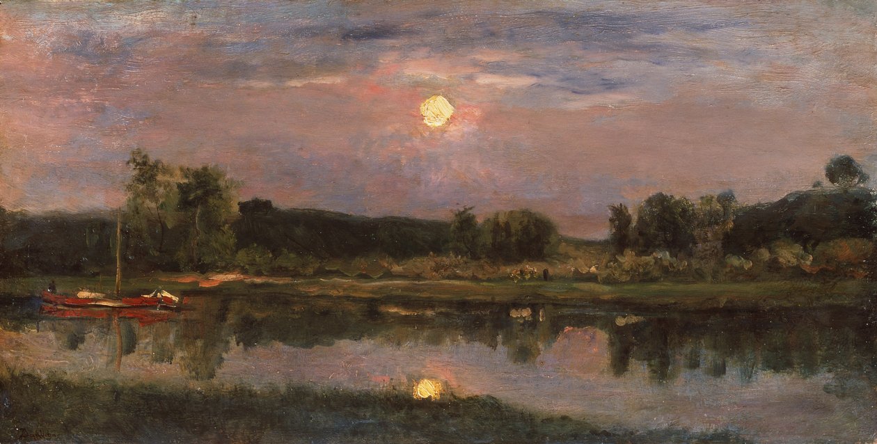 Un paisaje fluvial iluminado por la luna, c.1855 (aceite a bordo) de Charles Francois Daubigny