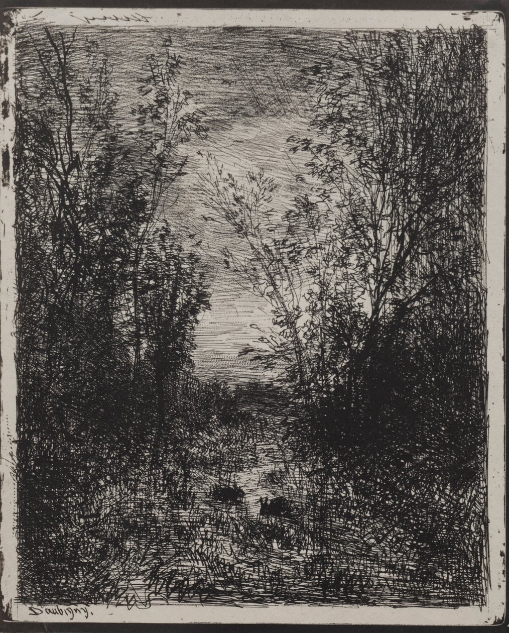 Un arroyo en un claro, impresión original 1862, impreso en 1921 de Charles Francois Daubigny