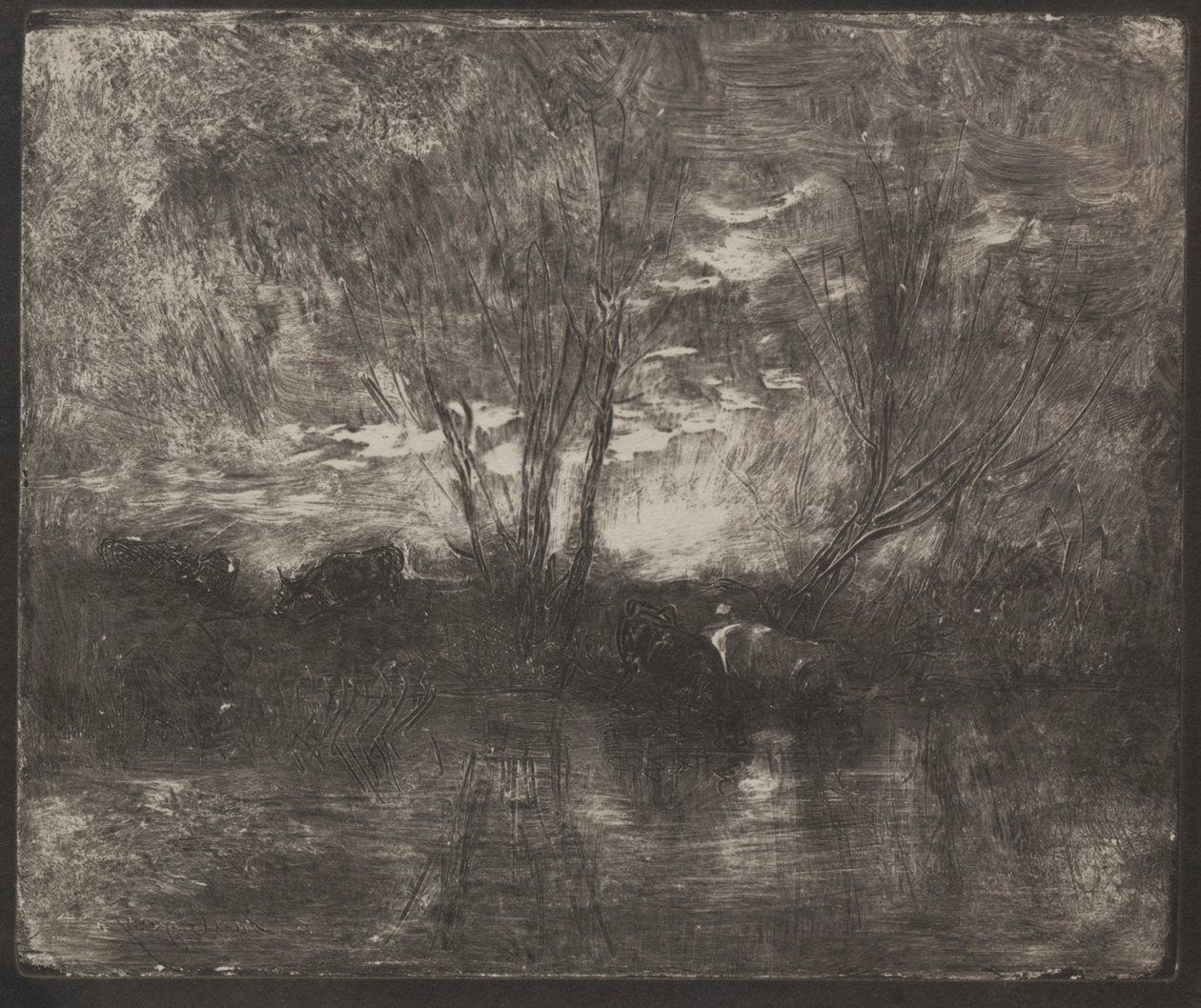 Vacas en un Abrevadero, impresión original 1862, impreso en 1921 de Charles Francois Daubigny