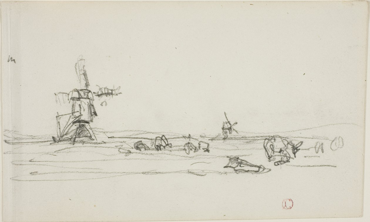 Paisaje en Holanda (anverso); Boceto de molinos de viento junto al agua (reverso) de Charles Francois Daubigny