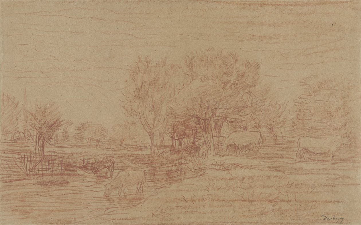 Paisaje con vacas pastando y bebiendo y un toro mirando de Charles Francois Daubigny
