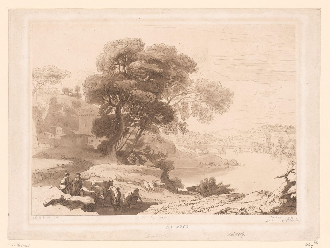 Paisaje con pastores y ganado a la orilla de un río de Charles Francois Daubigny
