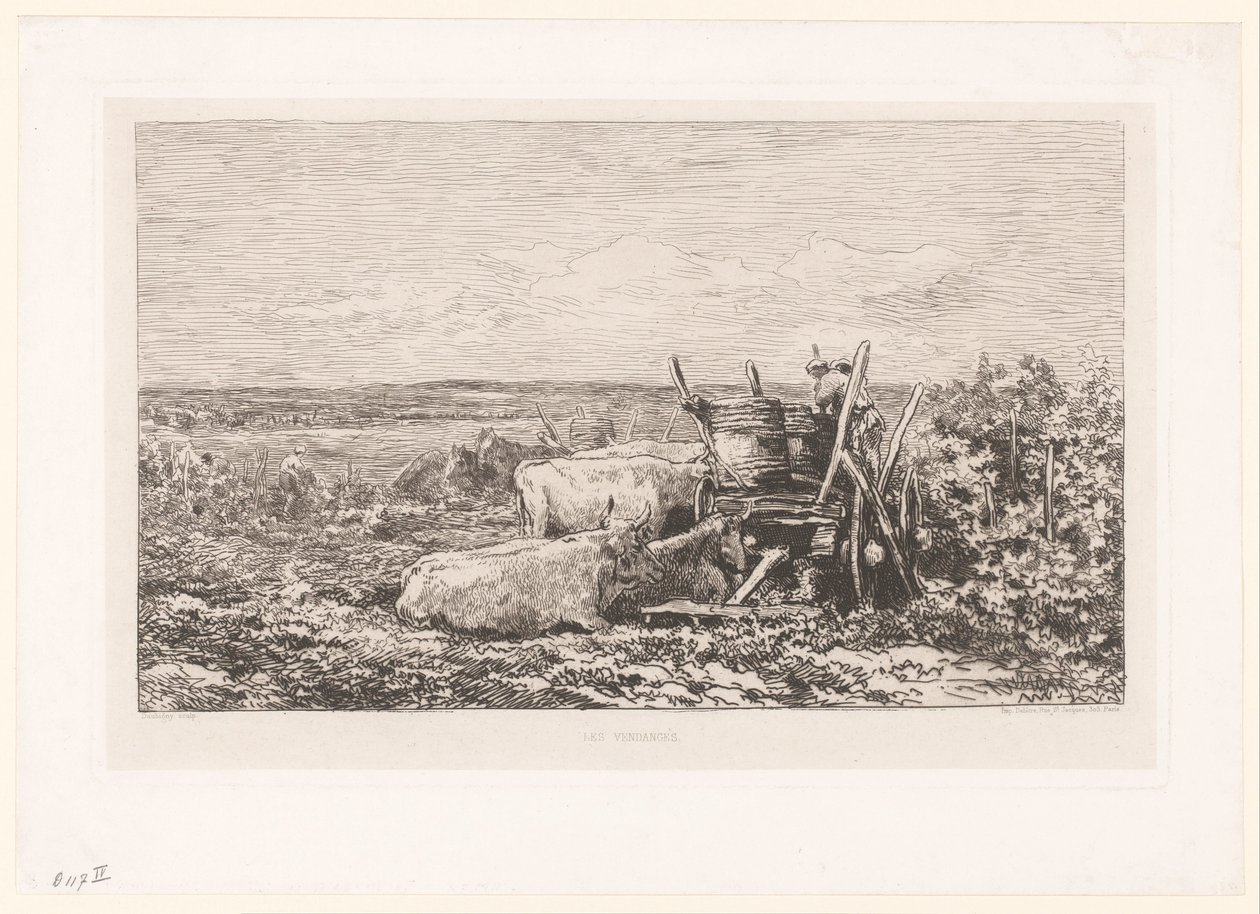 Paisaje con ganado descansando entre viñas Les vendages. (título en el objeto) de Charles Francois Daubigny