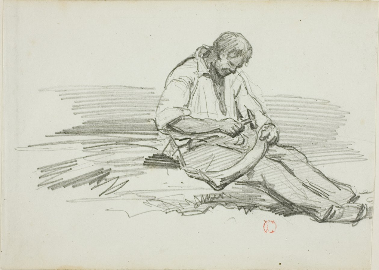 Hombre reparando una guadaña de Charles Francois Daubigny
