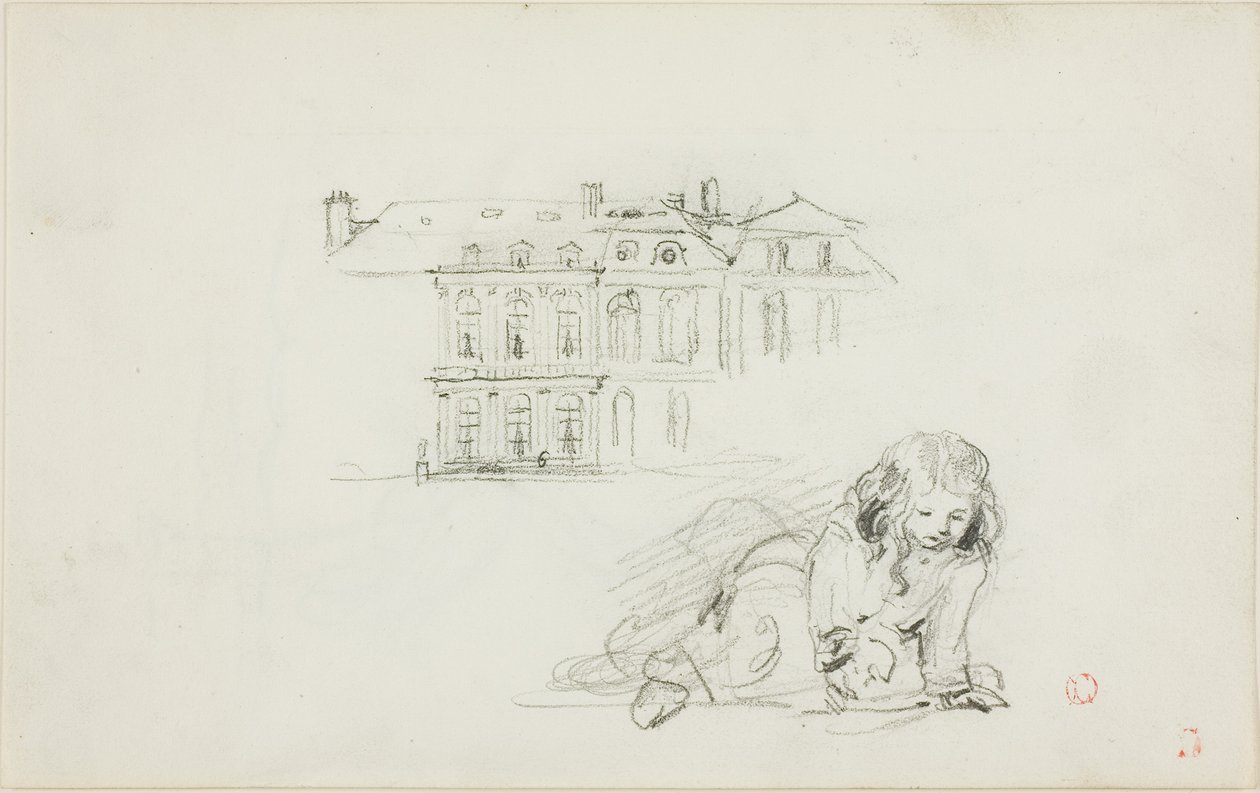 Bocetos: El Hotel de Ville, Tours y una niña jugando (anverso); Cigüeña (reverso) de Charles Francois Daubigny