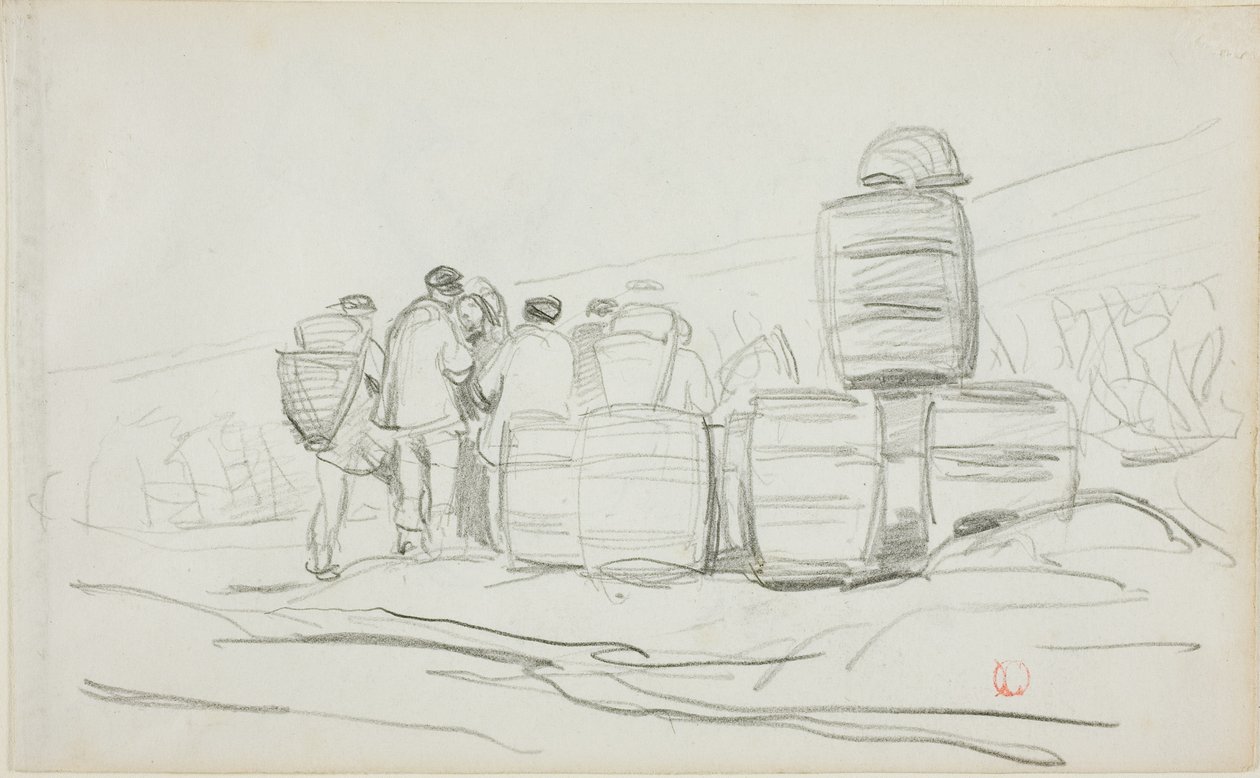 Estudio de un grupo de personas con barriles (anverso); dos estudios de una mujer espigando (reverso) de Charles Francois Daubigny