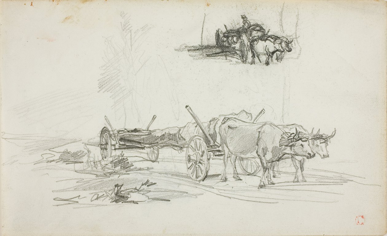 Dos bocetos de bueyes arrastrando un tronco de Charles Francois Daubigny