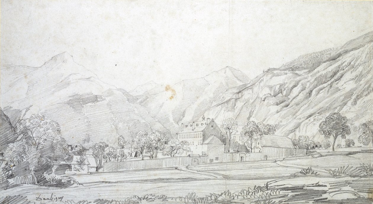 Vista de Edificios en un Recinto Amurallado con Montañas al Fondo de Charles Francois Daubigny