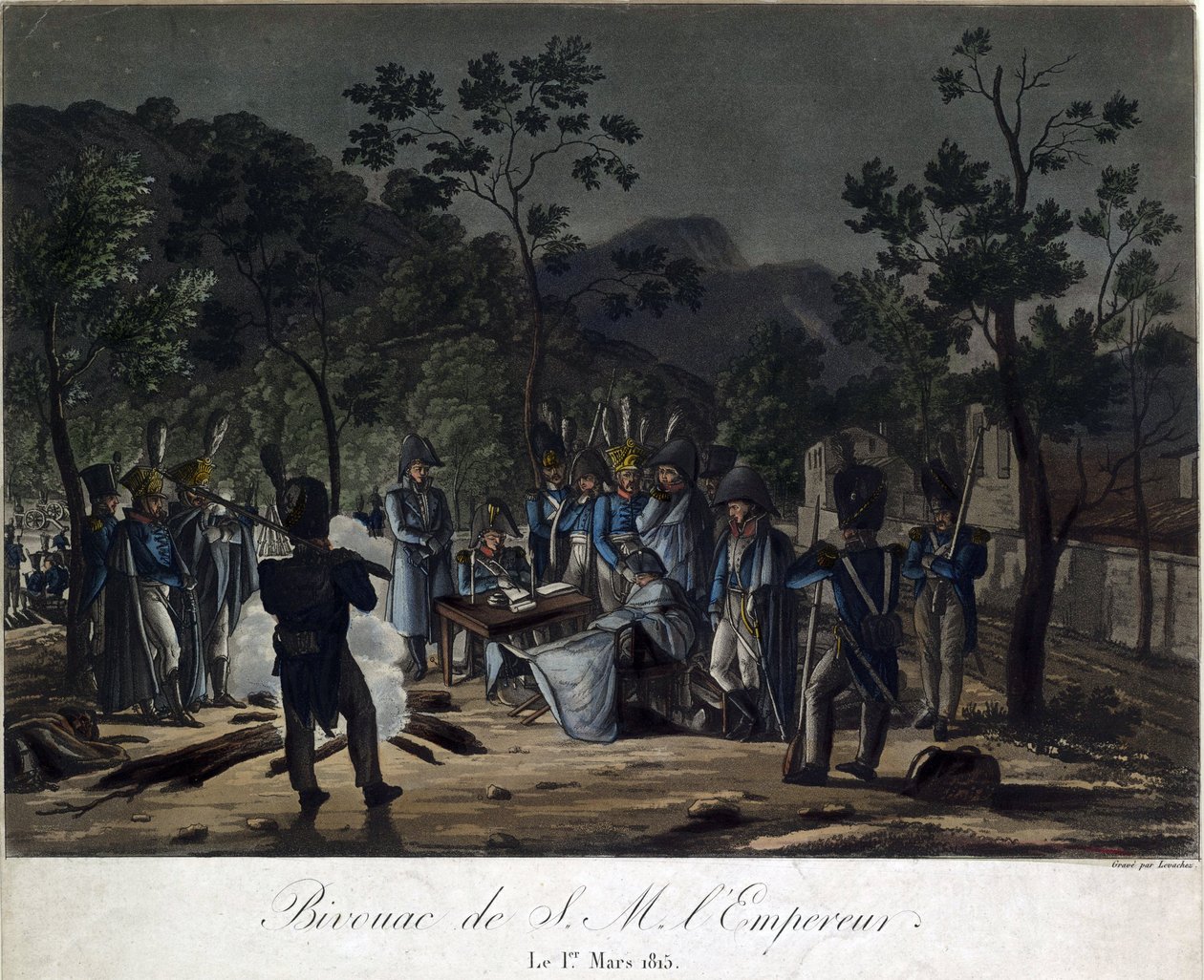 El regreso de Napoleón de Elba. Vivac de Napoleón en Golfe-Juan el 1 de marzo de 1815 - Levachez, Charles Francois Gabriel (activo 1760-1820) - 1815 - Aguatinta - 29,5x30 - Colección privada de Charles Francois Gabriel Levachez