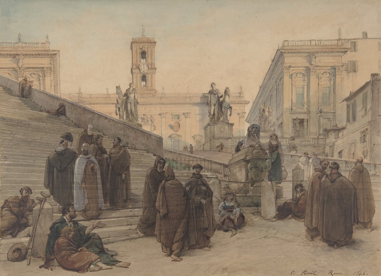 El Campidoglio visto desde la Escalinata de la Iglesia del Aracoeli, Roma, al atardecer, 1846 de Charles Francois Houel