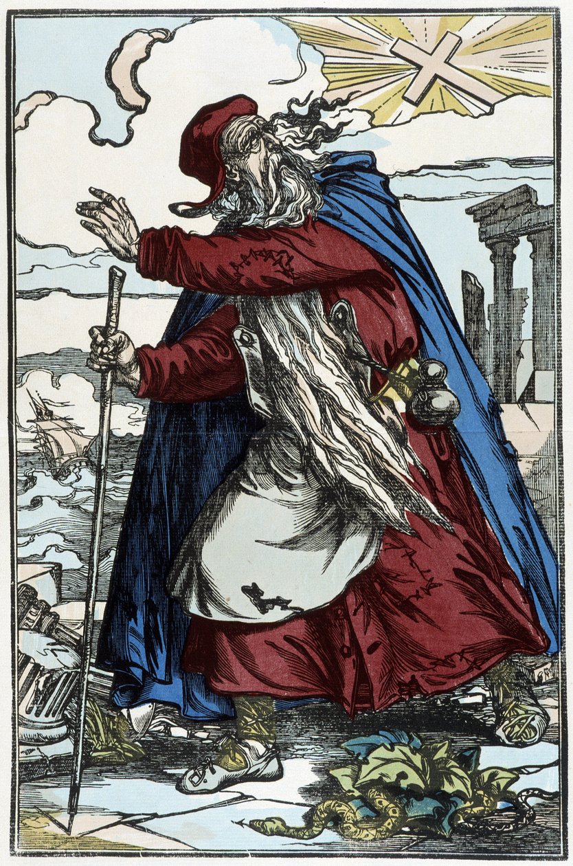 El judío errante asustado por la Cruz Católica - grabado del dibujo de Pinot de Charles Francois Pinot