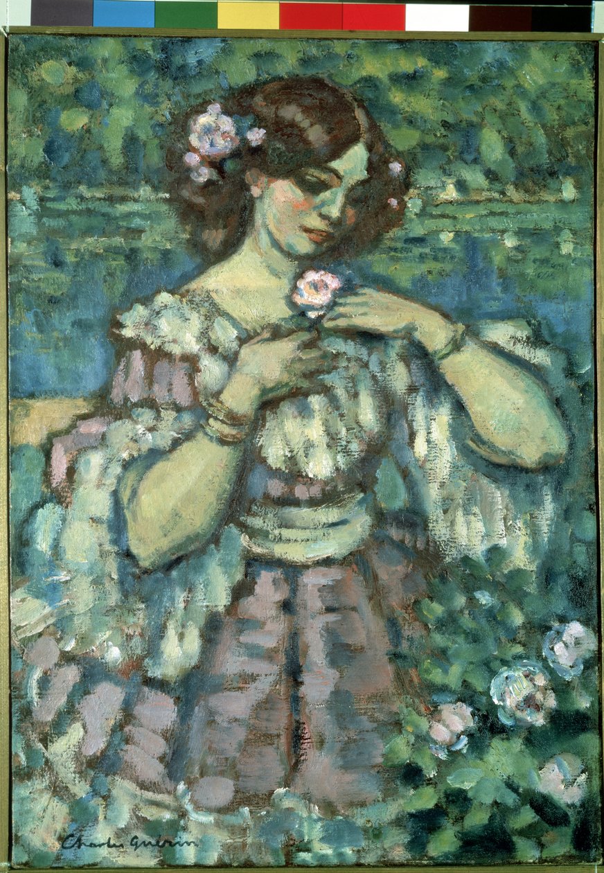La chica de la rosa. Pintura de Charles Guerin (1875-1939) de Charles Francois Prosper Guerin