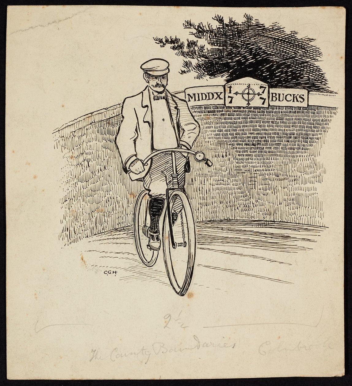 Un hombre en bicicleta delante de una señal que marca el límite del condado entre Middlesex y Buckinghamshire. de Charles George Harper