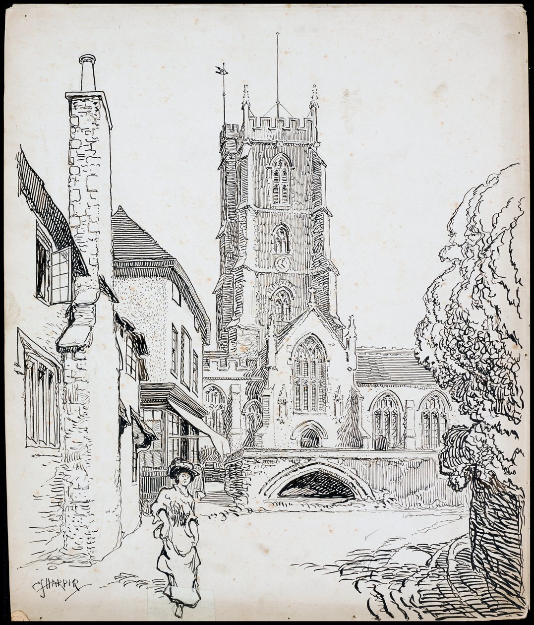 Vista desde el sur de la iglesia prioral de San Jorge, Dunster, Somerset de Charles George Harper