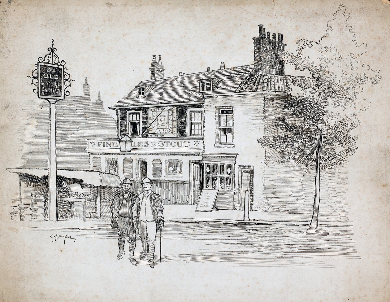 Old Windmill Public House, 214-214 Chiswick High Road, Turnham Green (pluma y tinta sobre papel) de Charles George Harper