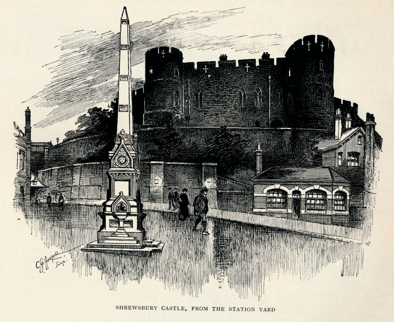 Castillo de Shrewsbury, desde el patio de la estación, c. 1893 de Charles George Harper