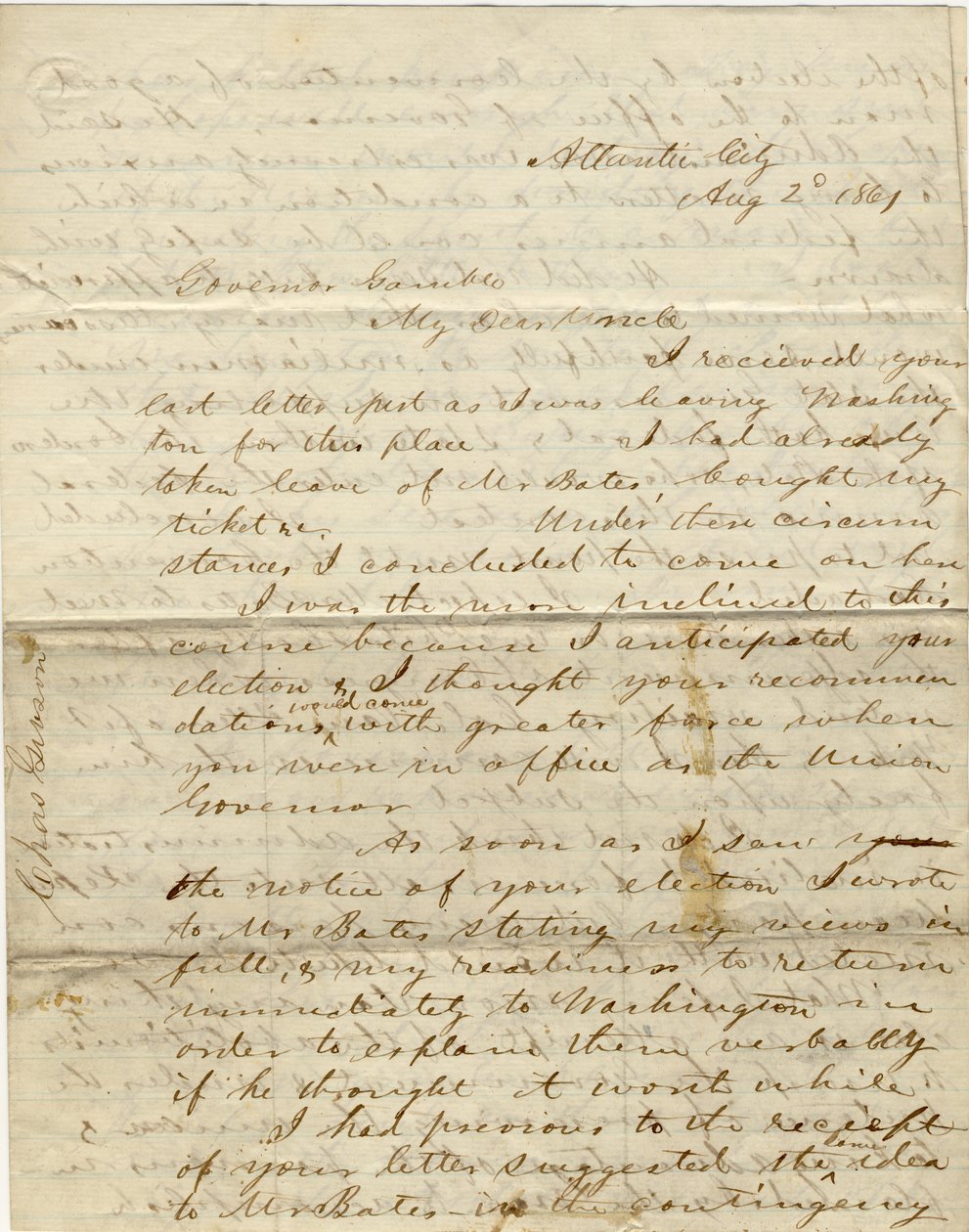 Carta firmada C. Gibson [Charles Gibson], Atlantic City, al Gobernador Gamble [Hamilton R. Gamble], 2 de agosto de 1861 de Charles Gibson
