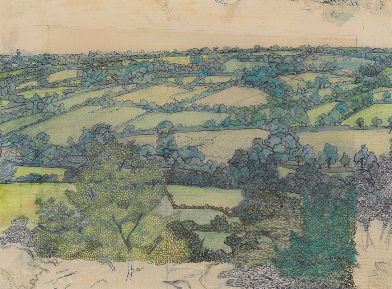 Applehayes, c.1912 (lápiz, crayón, pluma y tinta azul sobre papel) de Charles Ginner