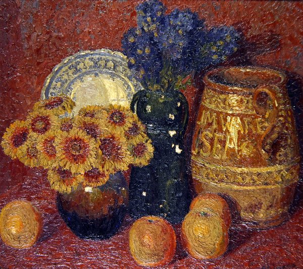 Naturaleza muerta - Flores, cerámica y manzanas (óleo sobre lienzo) de Charles Ginner