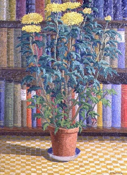Crisantemos amarillos en maceta de Charles Ginner
