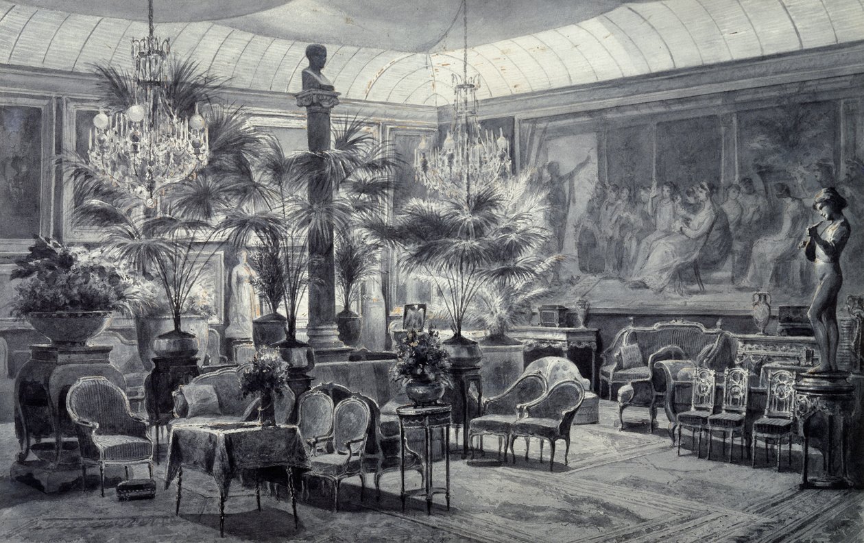 Jardín de invierno de la Princesa Mathilde, dibujo en tinta gris y gouache por Charles Giraud de Charles Giraud