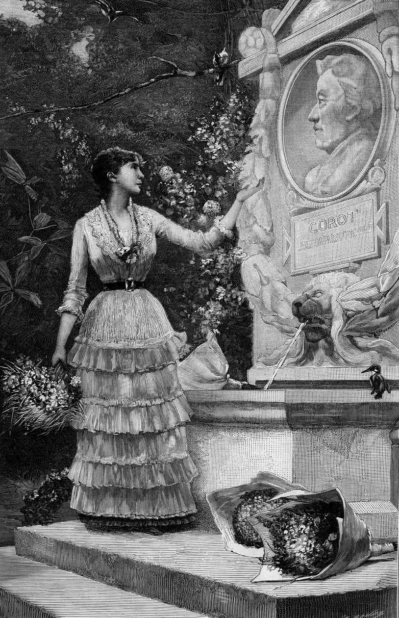Sra. Blanche Baretta de la Comédie-Française, recitando los versos de François Coppée, frente al monumento de Corot en Ville d