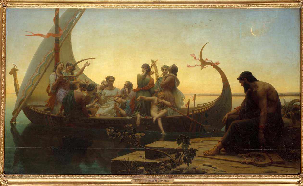 Ilusiones perdidas o anochecer. Una escena alegórica que representa personajes en un drakkar partiendo, un hombre se queda en el muelle con una lira. de Charles Gleyre