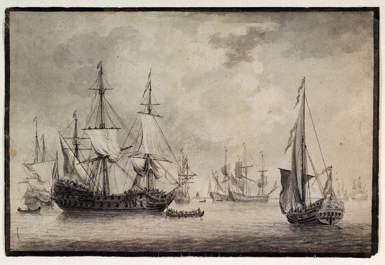 Barco de guerra holandés, yate estatal y embarcaciones lejanas en un puerto, finales del siglo XVIII (pluma, tinta) de Charles Gore