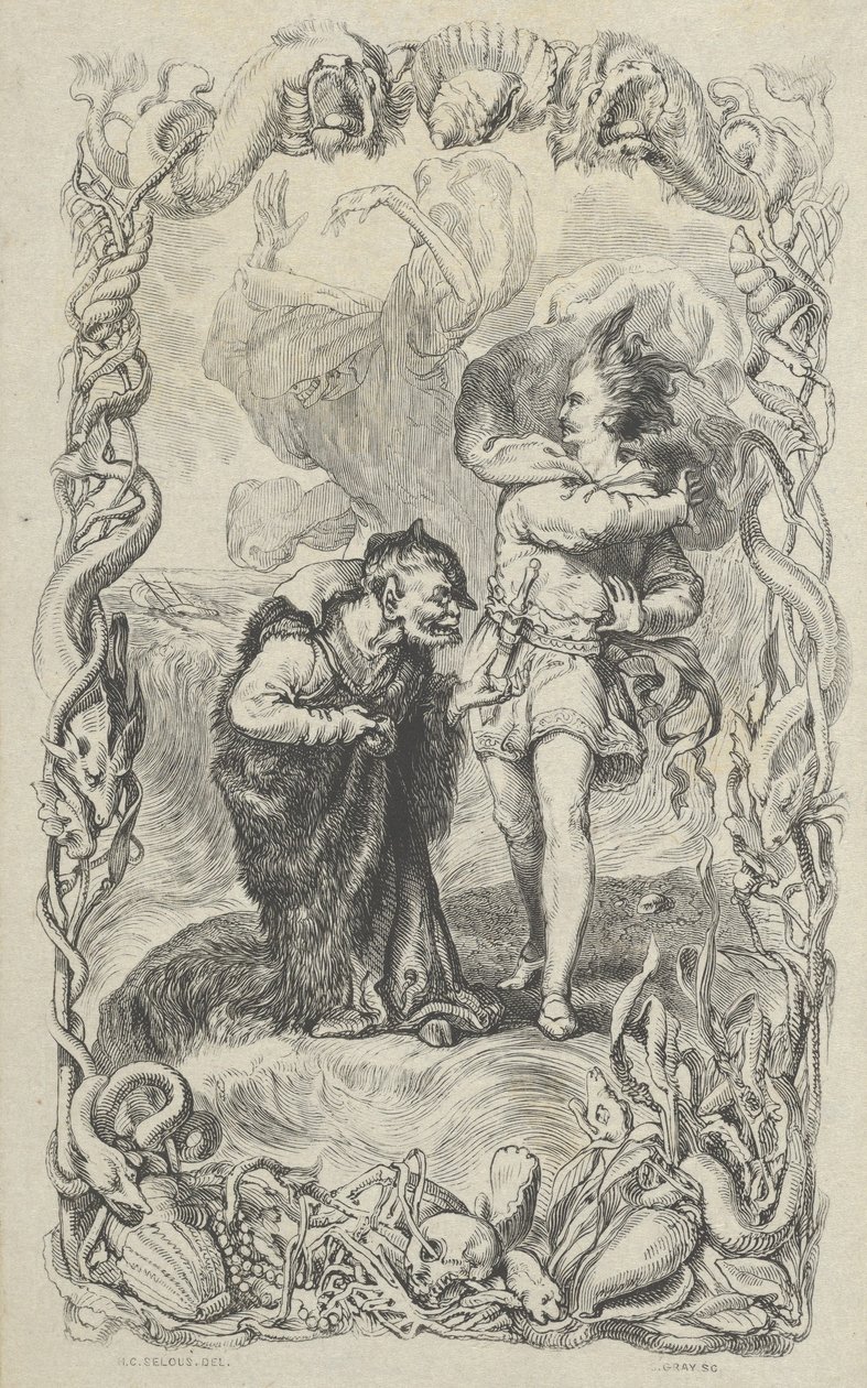 Ilustración de La Tempestad: Calibán, Fernando y Ariel, 1836 de Charles Gray